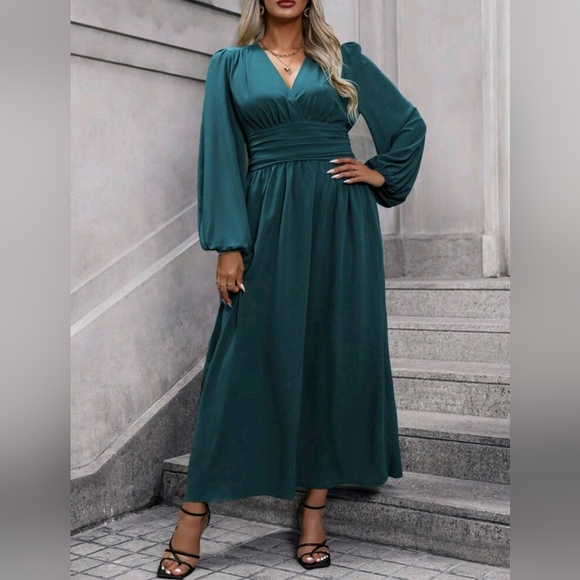 NEW Chic Ruched Waist Lantern Sleeve Maxi Dress PLUS Dusty Teal Blue Green - Picture 6 of 9